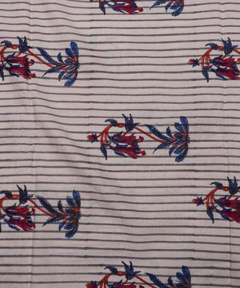 white grey and blue flower and lining print cotton slub fabric