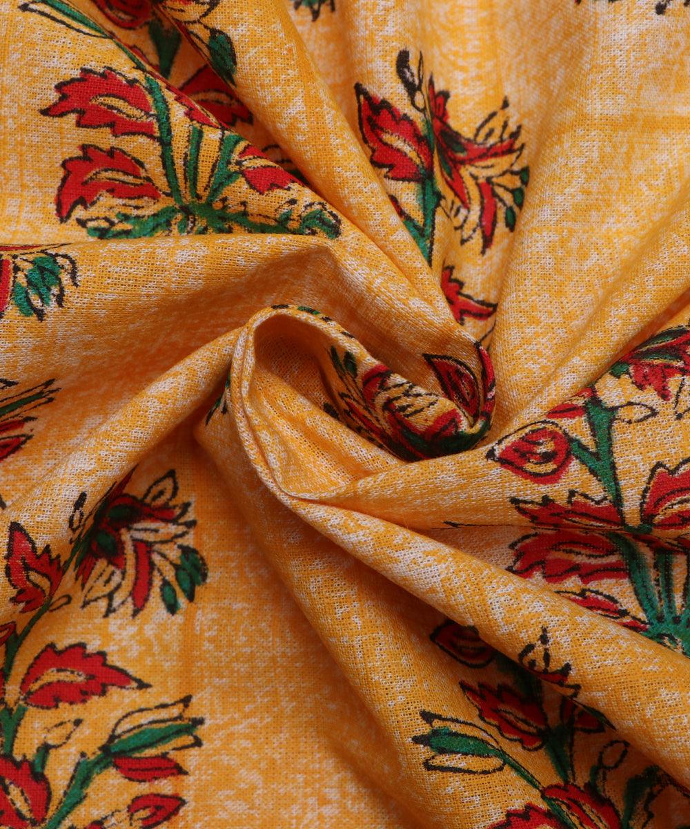 yellow and pink hand block floral print cotton fabric