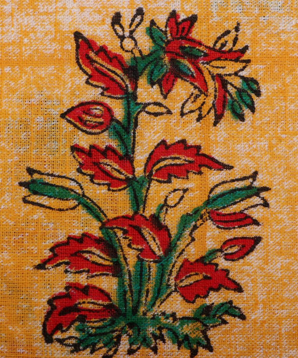 yellow and pink hand block floral print cotton fabric