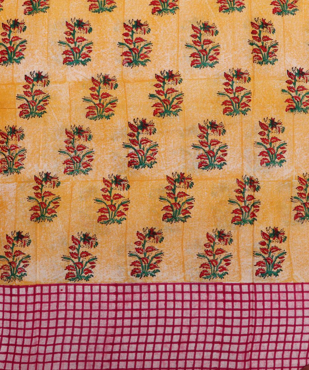 yellow and pink hand block floral print cotton fabric