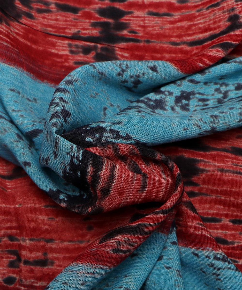 blue black and rust dry brush stripe print rayon fabric