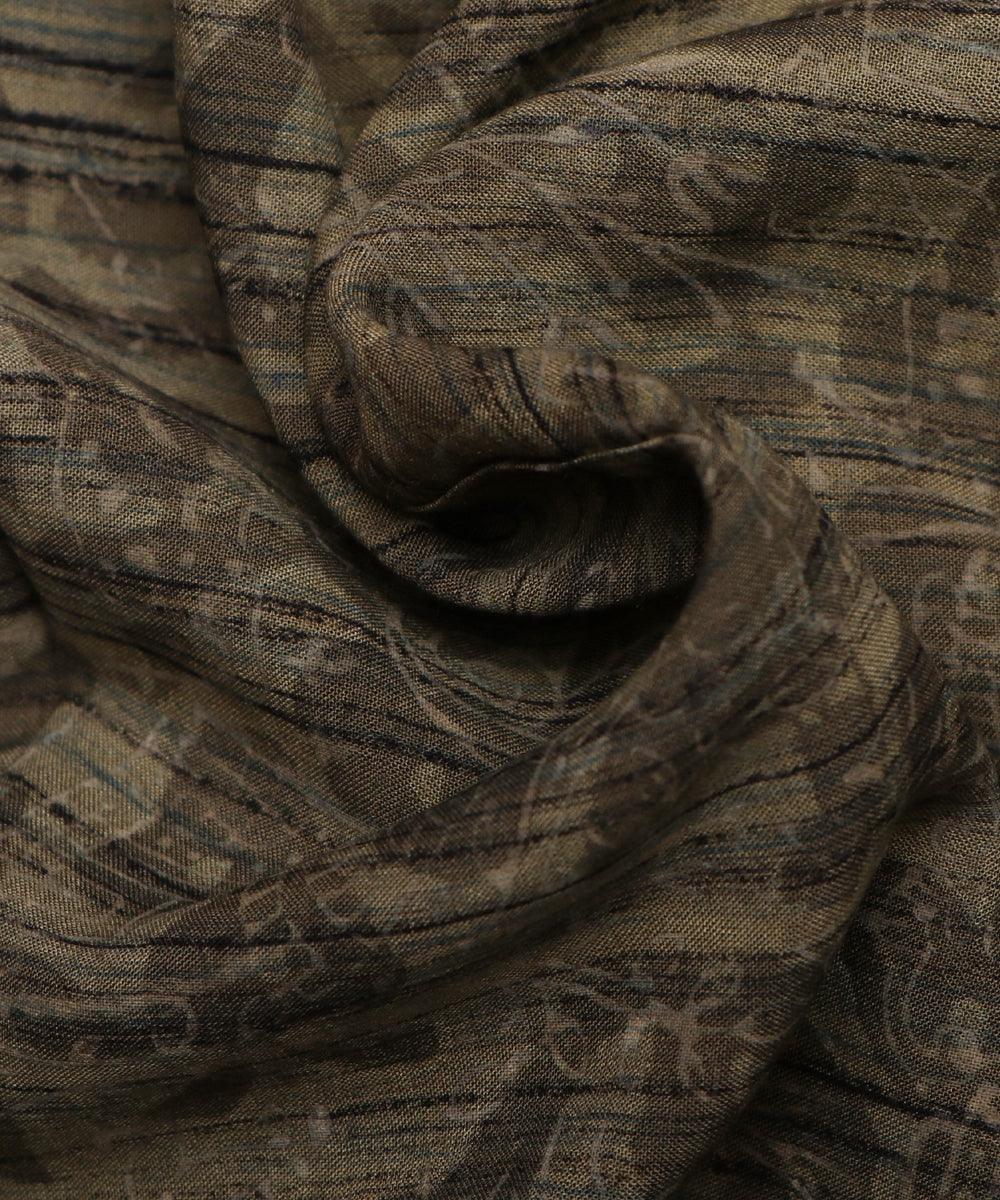 khaki and black leaf print rayon fabric