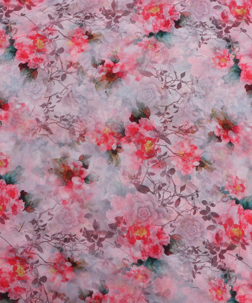white pink teal floral print viscose georgette fabric