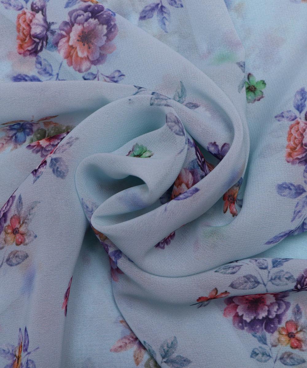 light blue peach floral print viscose georgette fabric
