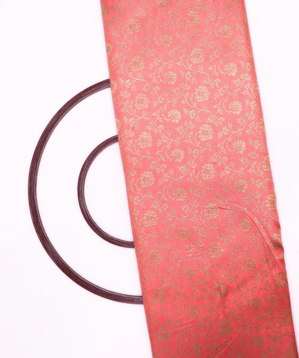peach pink golden floral banarasi brocade silk fabric