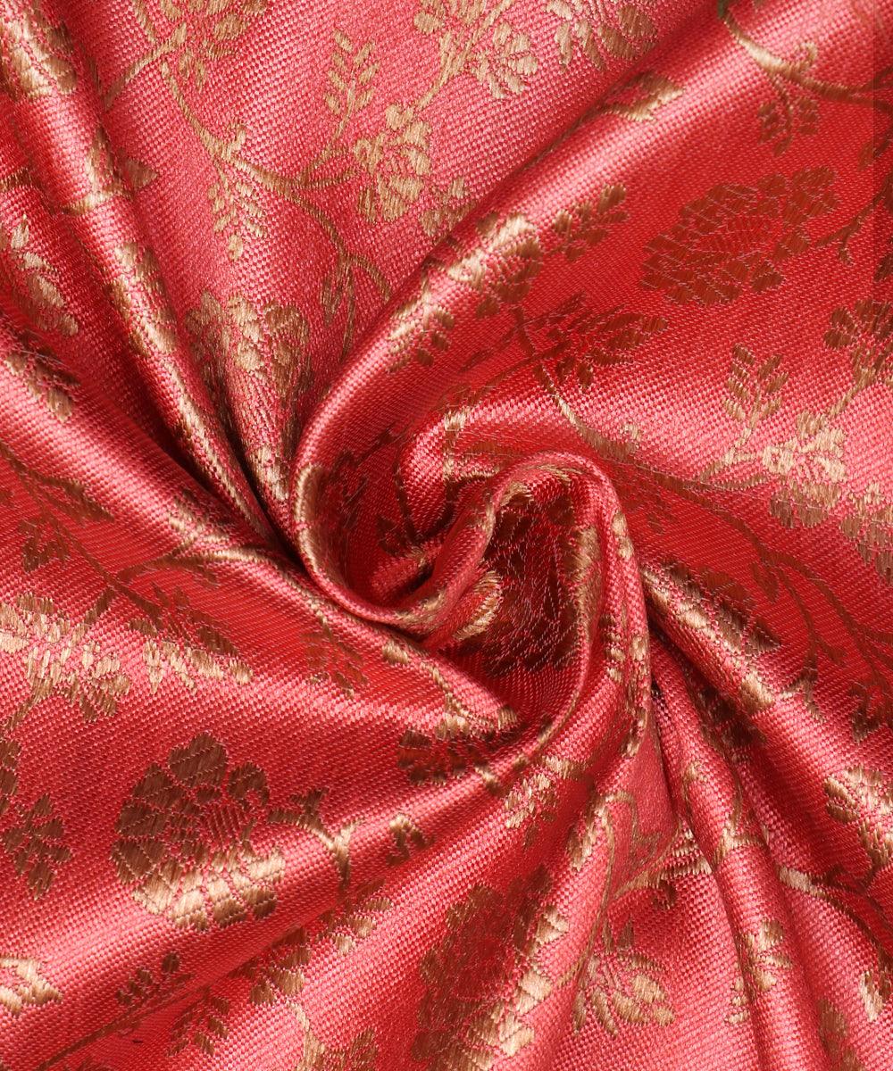 peach pink golden floral banarasi brocade silk fabric