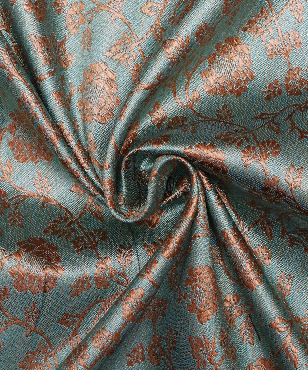 rust blue golden floral banarasi brocade silk fabric