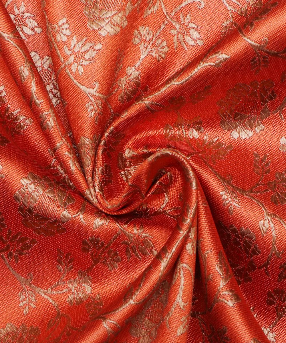 orange golden floral banarasi brocade silk fabric