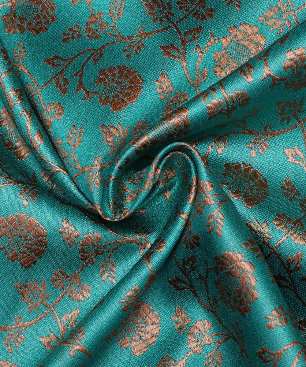 gama green golden floral banarasi brocade silk fabric