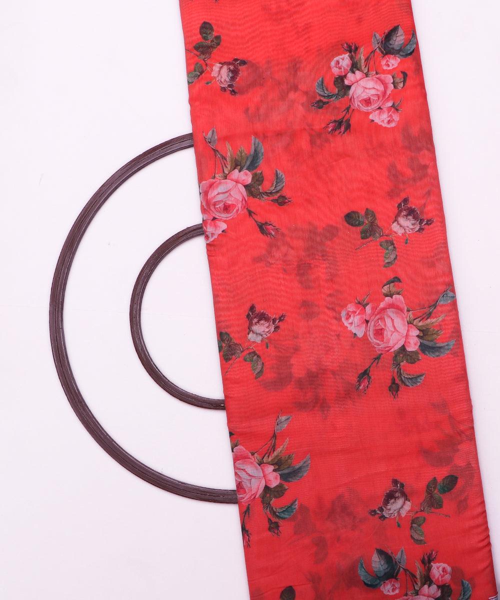 sindoori orange blue floral print chanderi fabric
