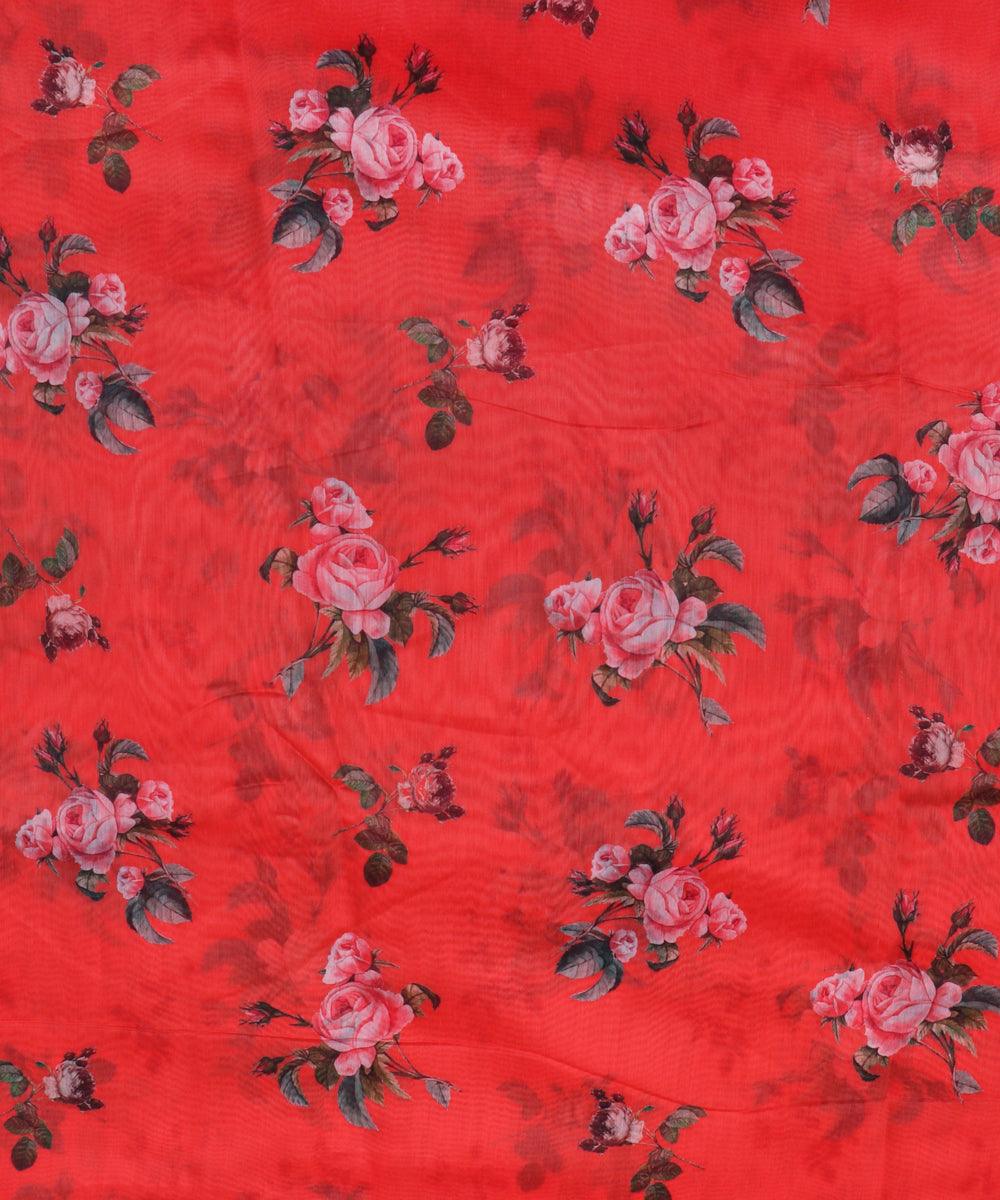 sindoori orange blue floral print chanderi fabric