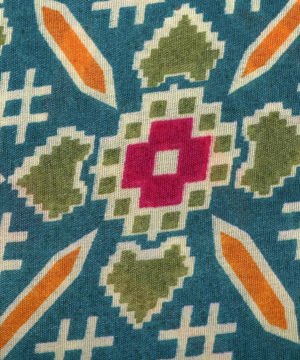 cyan blue red patola print silk fabric