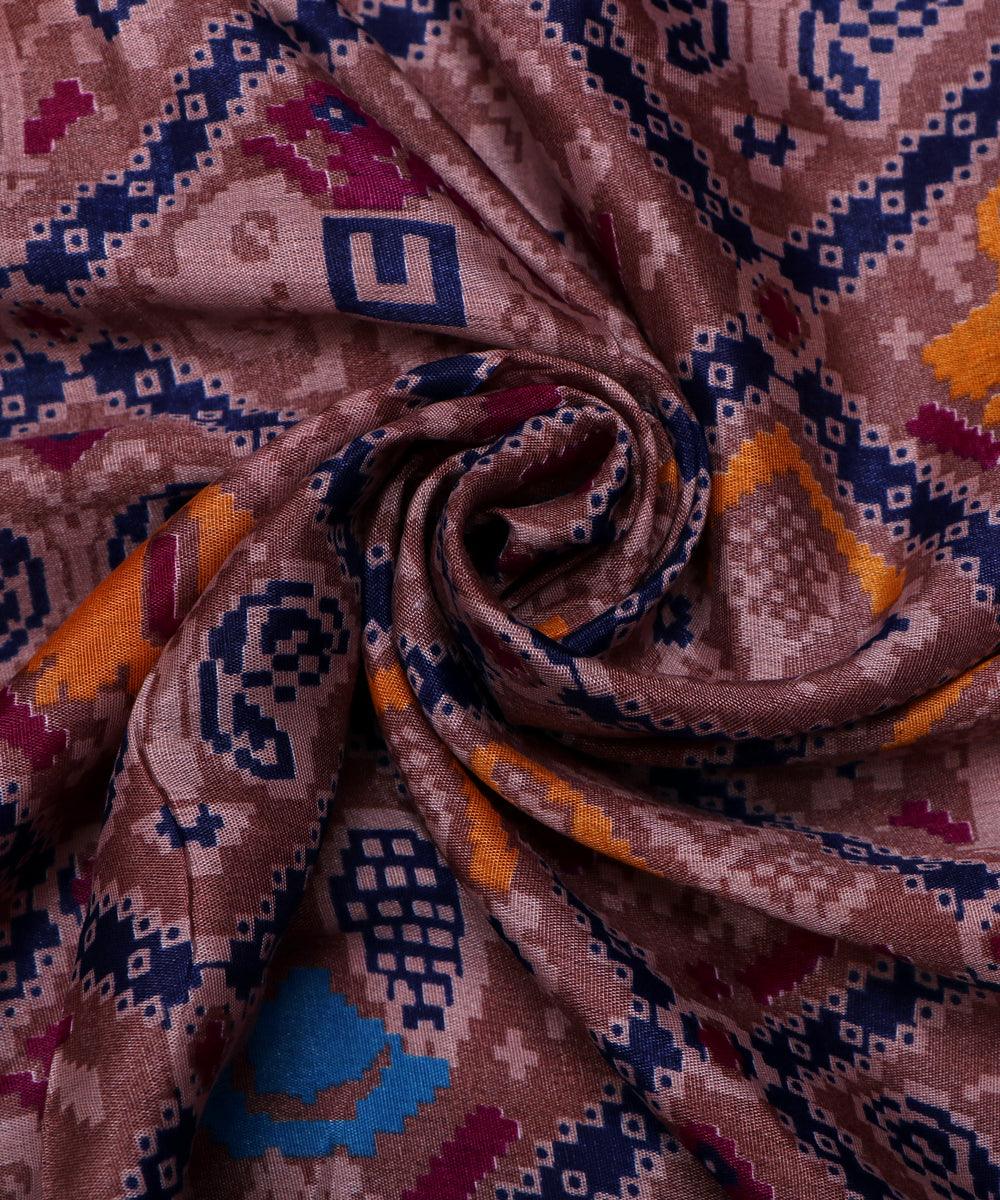 brown blue yellow patola print silk fabric