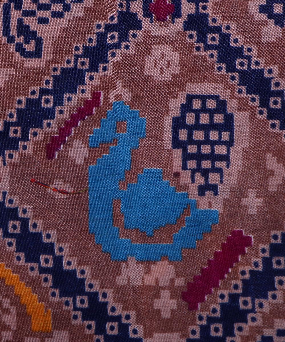 brown blue yellow patola print silk fabric