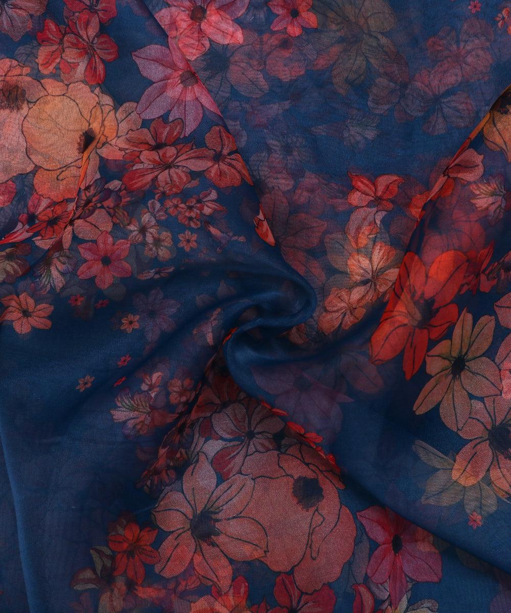 teal blue and pink floral print organza fabric