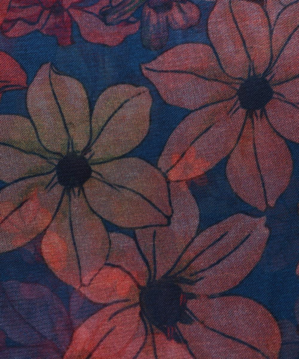 teal blue and pink floral print organza fabric