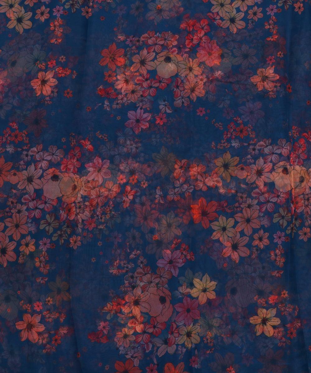 teal blue and pink floral print organza fabric