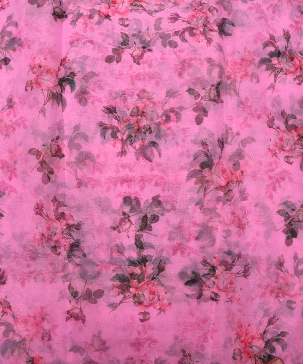 pink and black floral print organza fabric