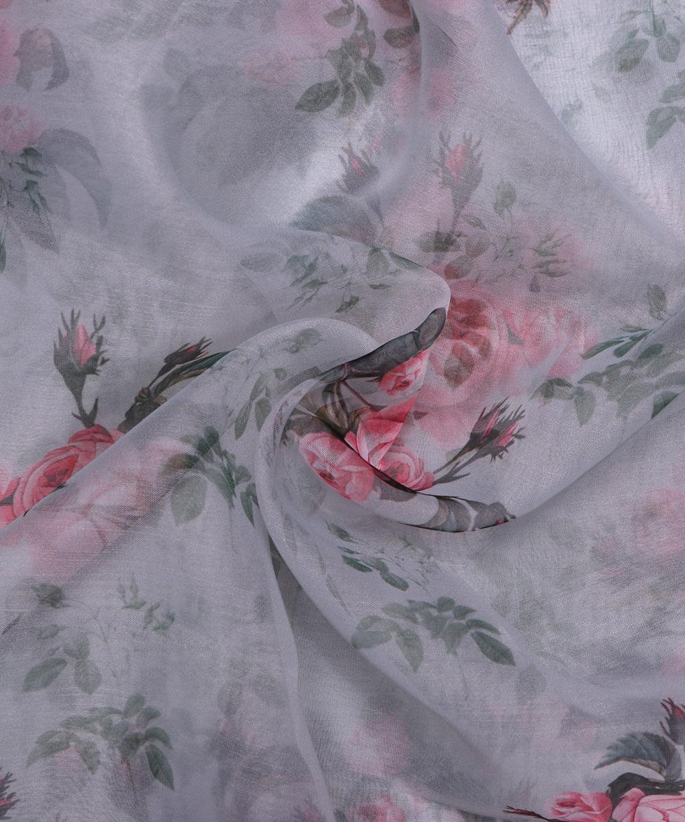 white and pink floral print organza silk fabric