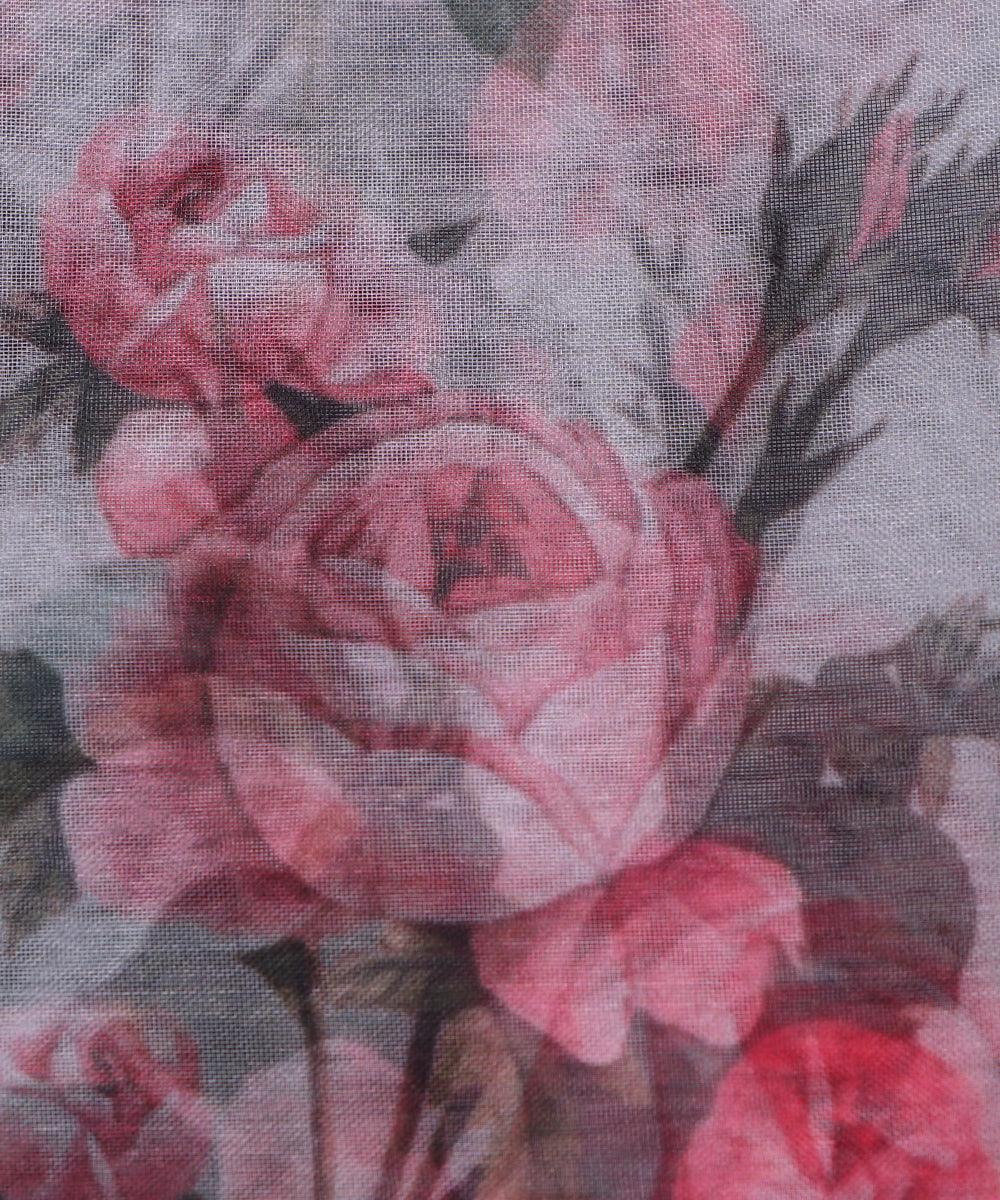 white and pink floral print organza silk fabric