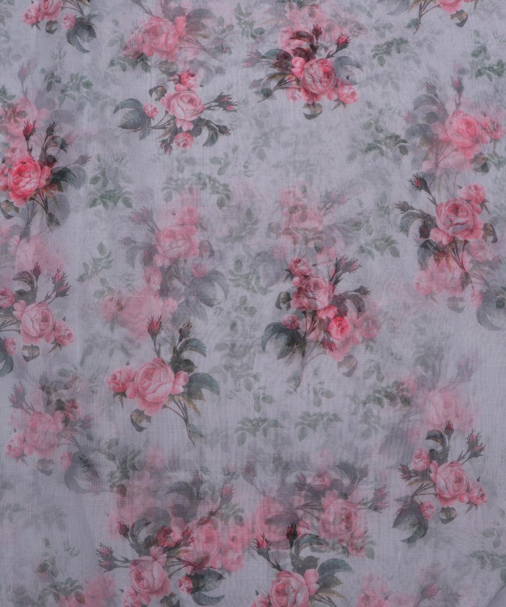 white and pink floral print organza silk fabric