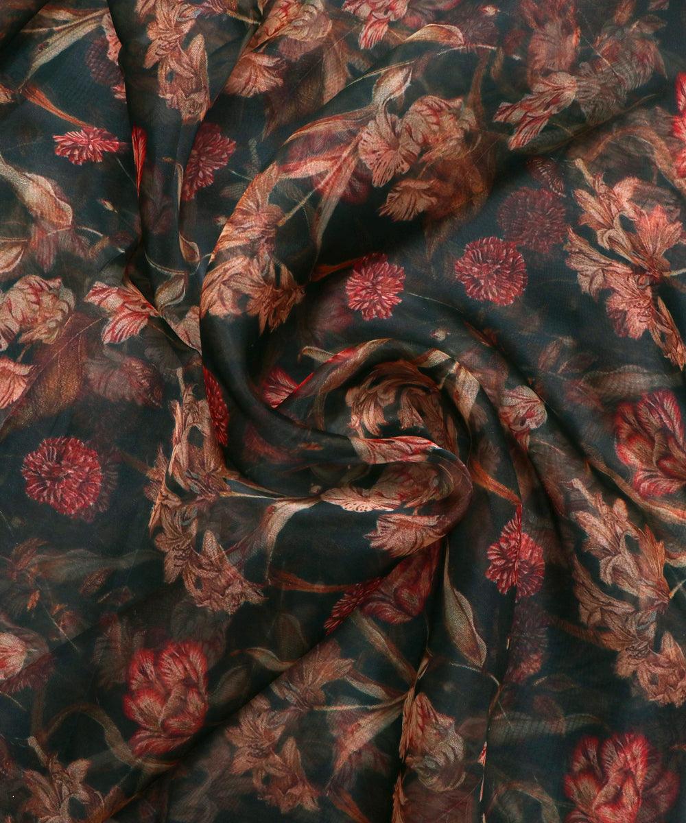 forest green flower digital print organza fabric