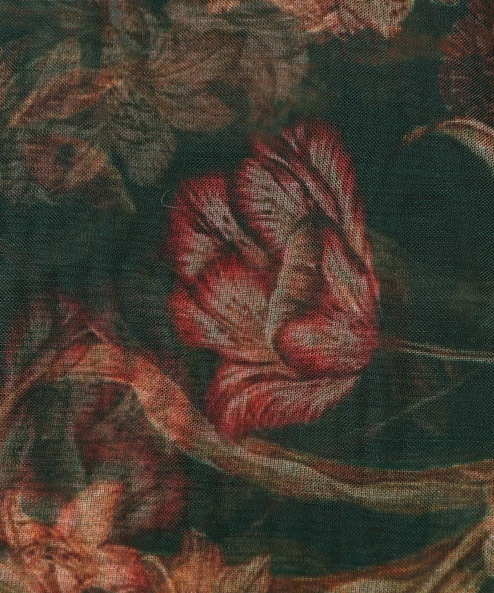 forest green flower digital print organza fabric