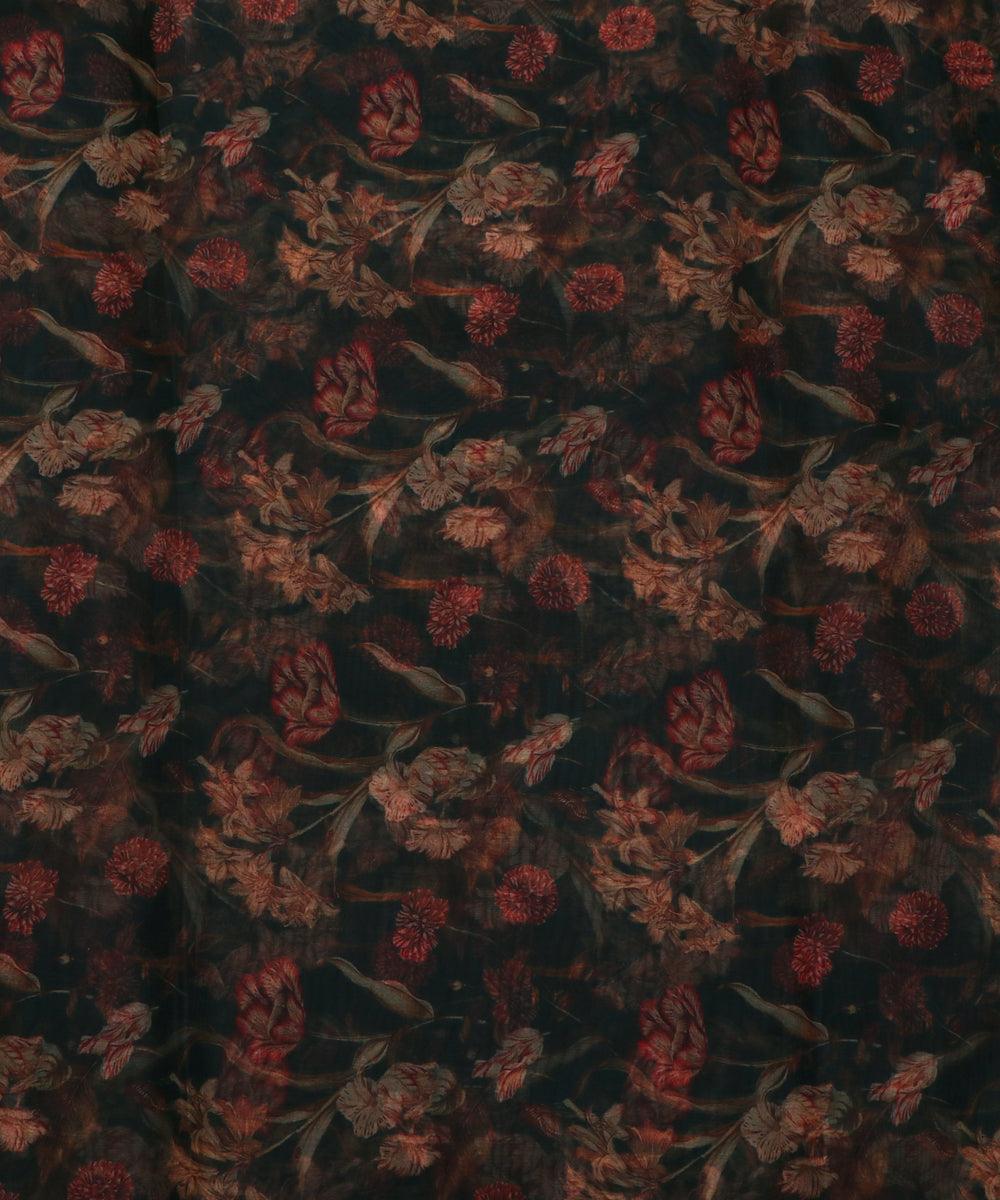 forest green flower digital print organza fabric