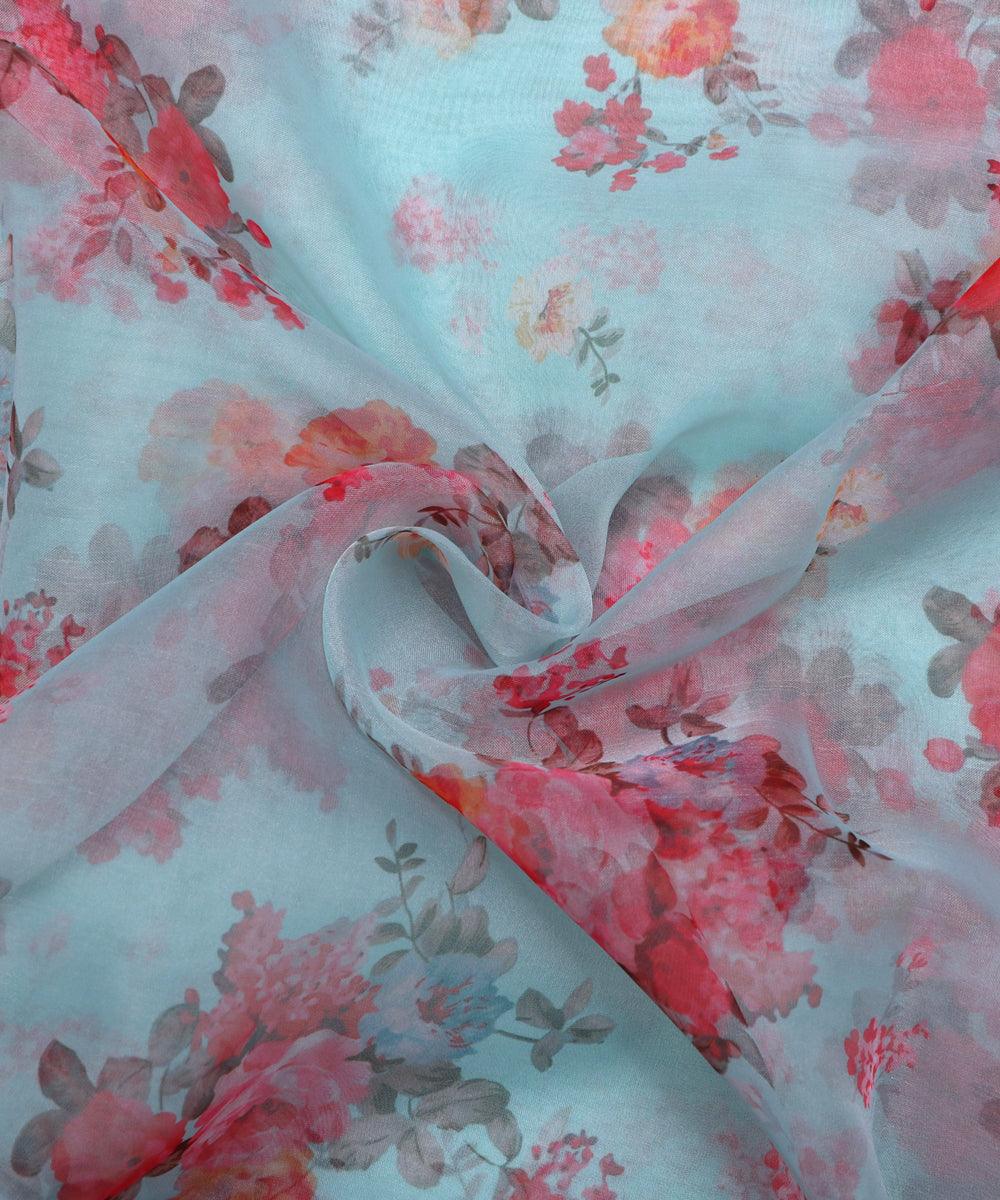 light blue flower digital print organza fabric 1