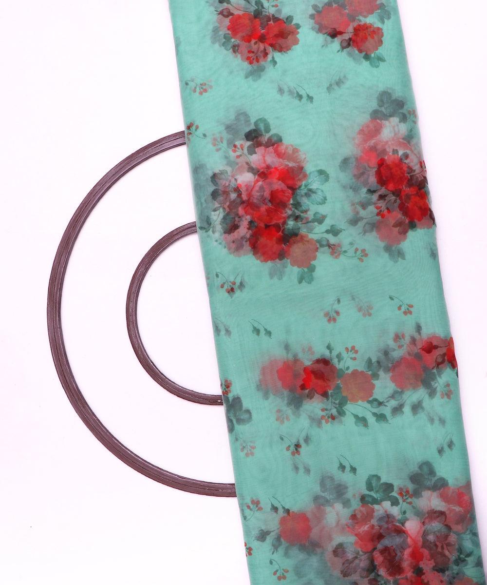 cyan red flower digital print organza fabric
