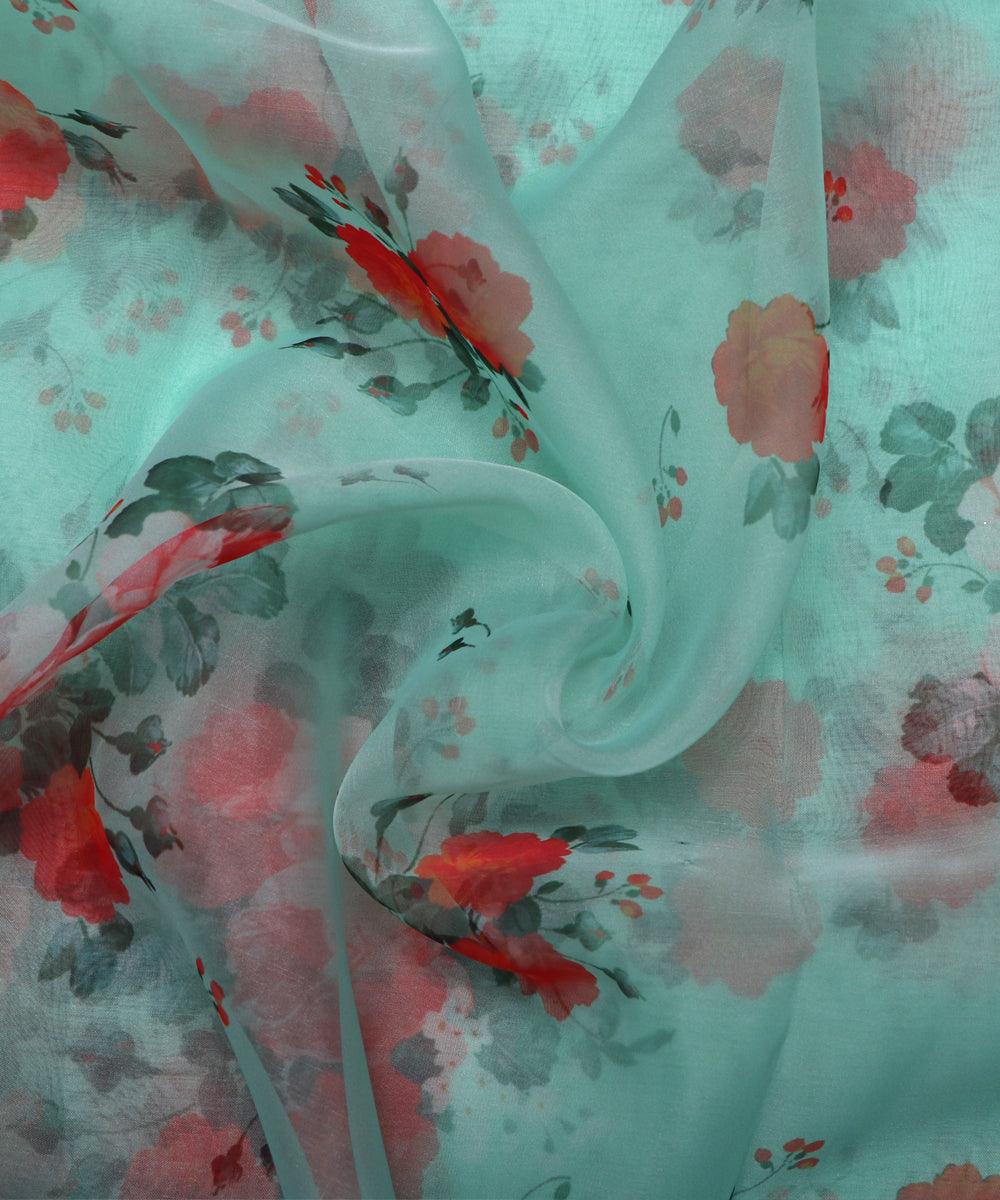 cyan red flower digital print organza fabric