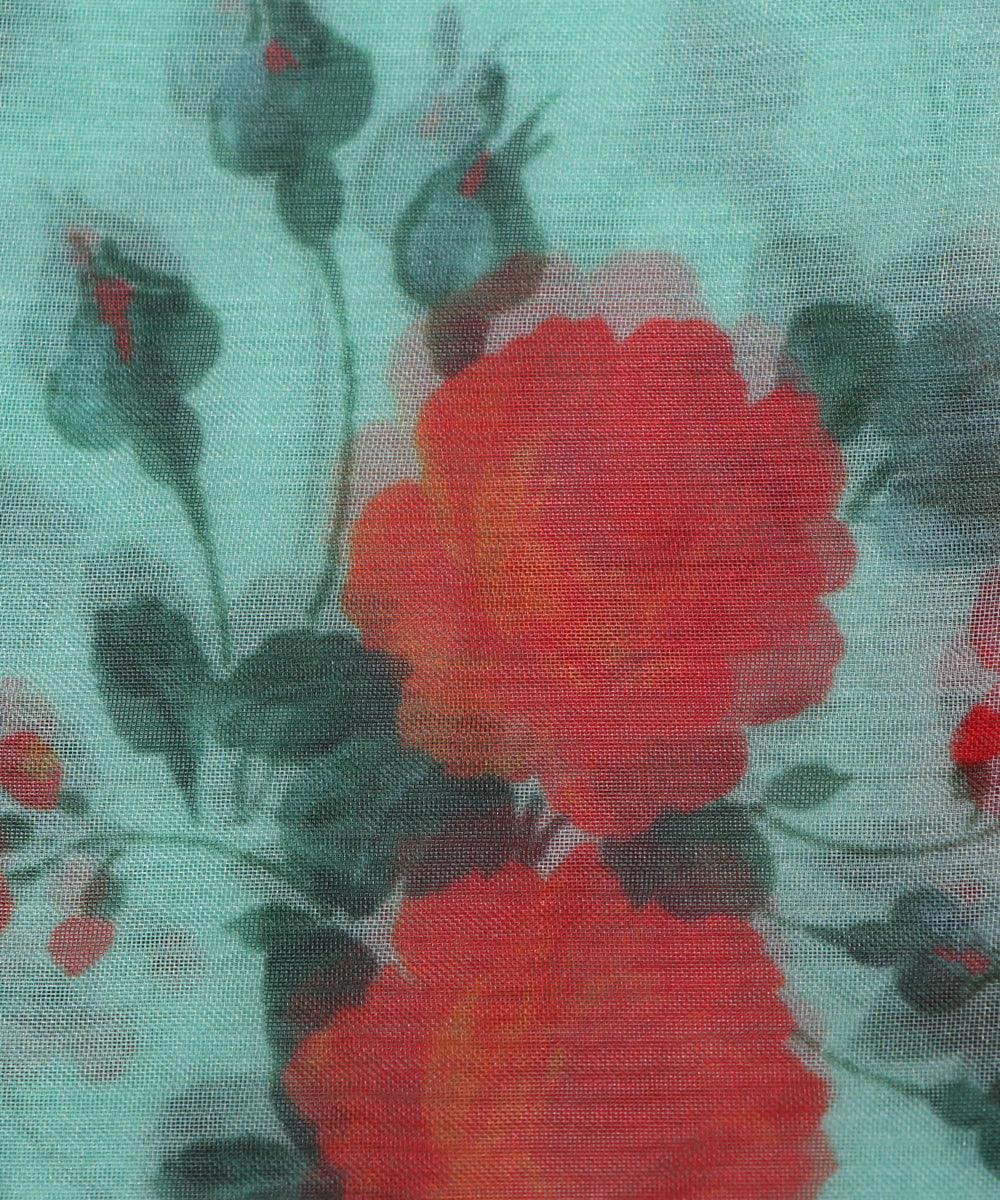 cyan red flower digital print organza fabric