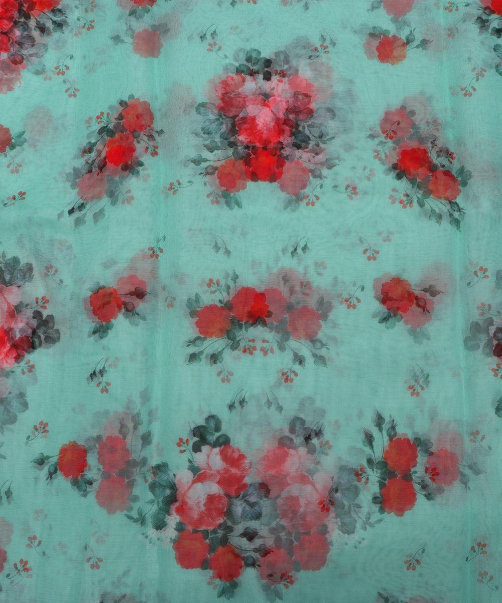 cyan red flower digital print organza fabric