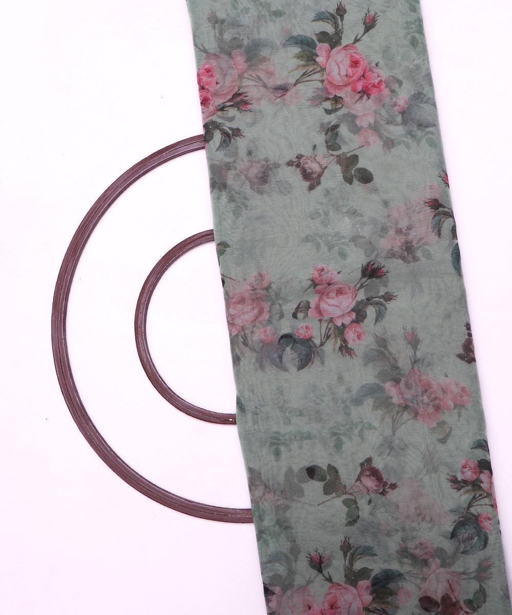 sea green and pink floral print organza fabric
