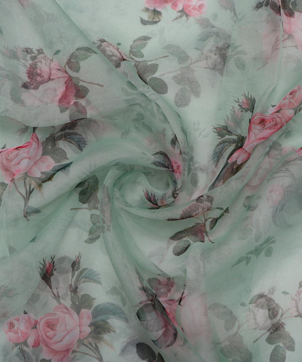 sea green and pink floral print organza fabric