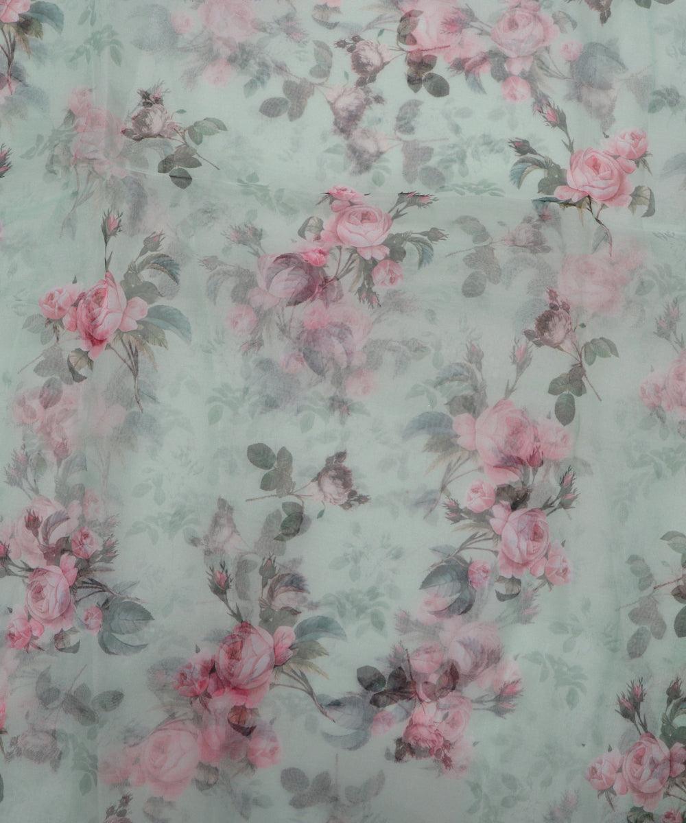 sea green and pink floral print organza fabric