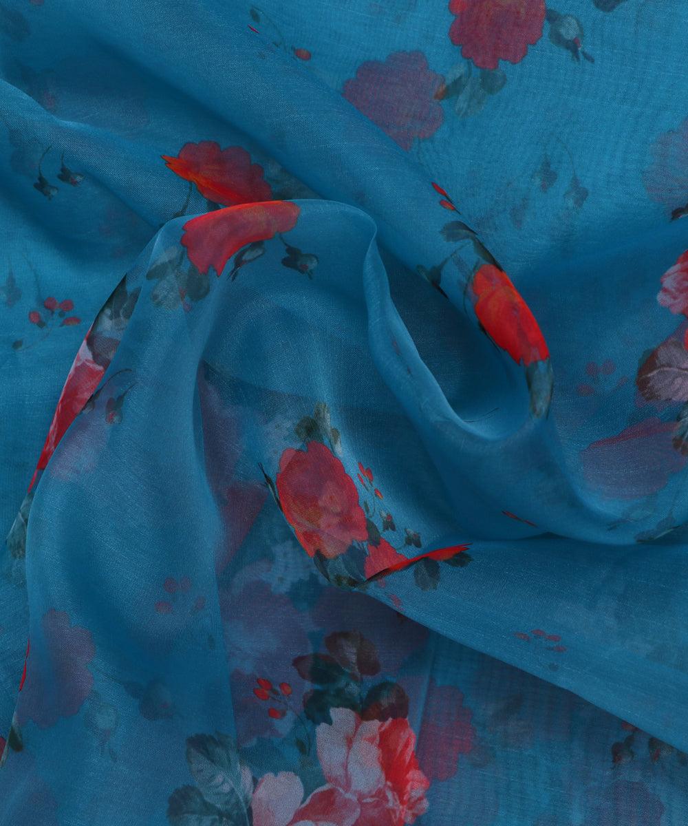 turquoise floral digital print organza fabric
