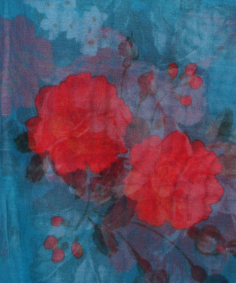 turquoise floral digital print organza fabric