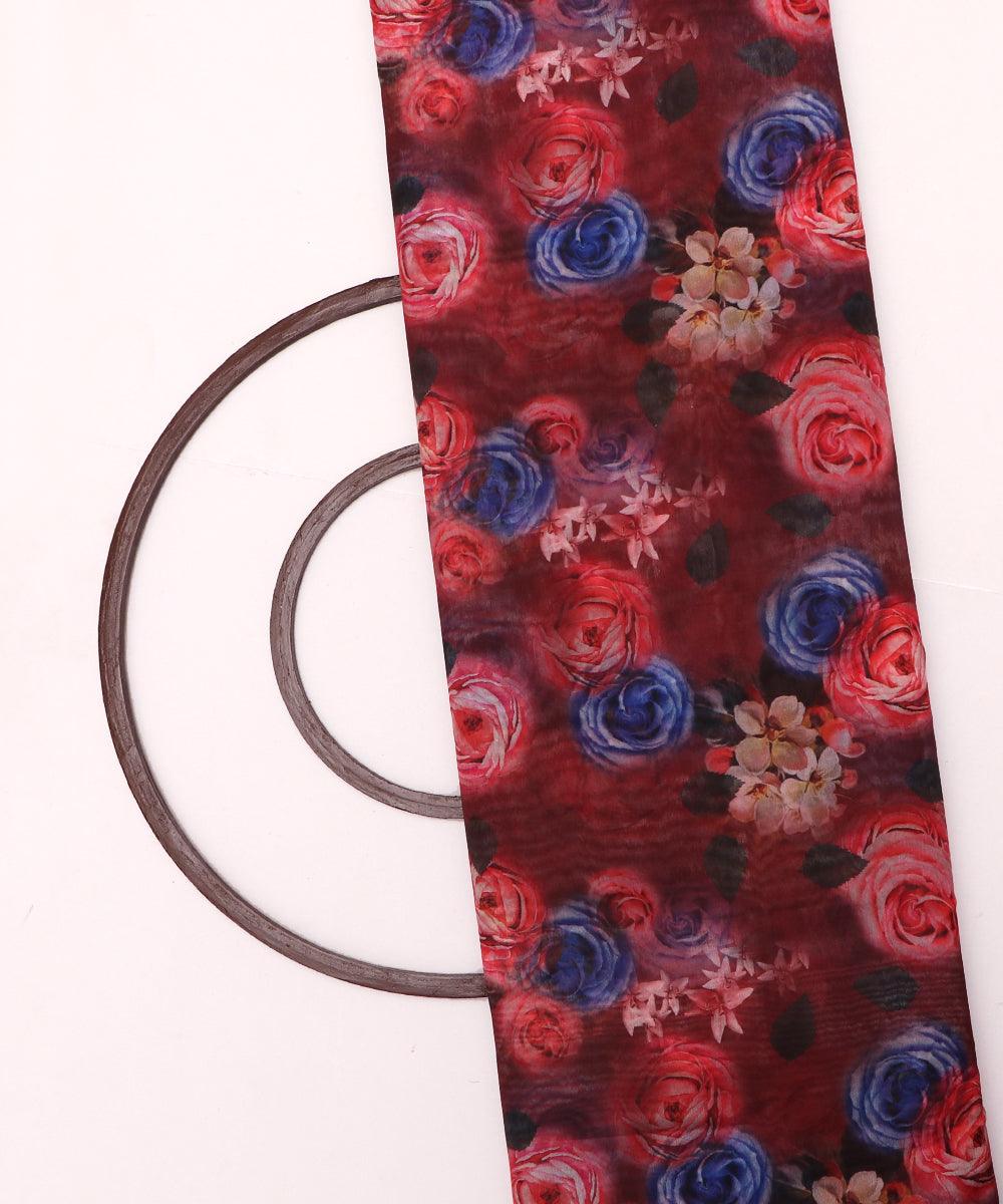 maroon and purple floral print organza silk fabric