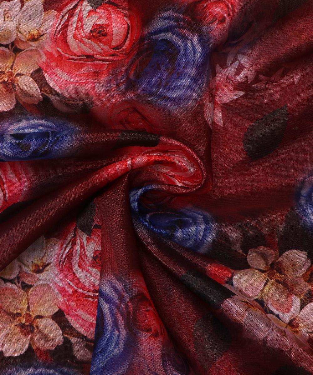 maroon and purple floral print organza silk fabric