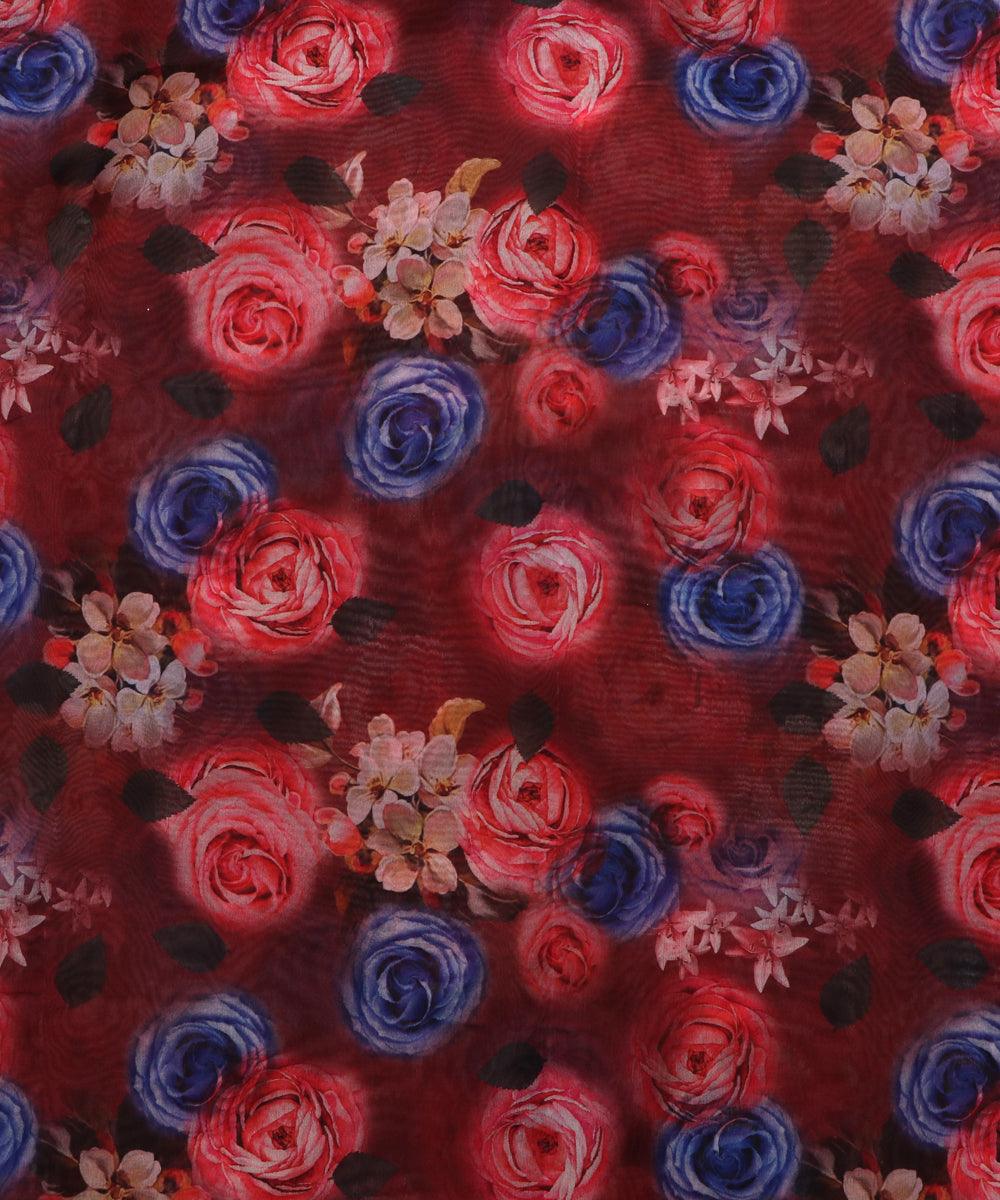 maroon and purple floral print organza silk fabric
