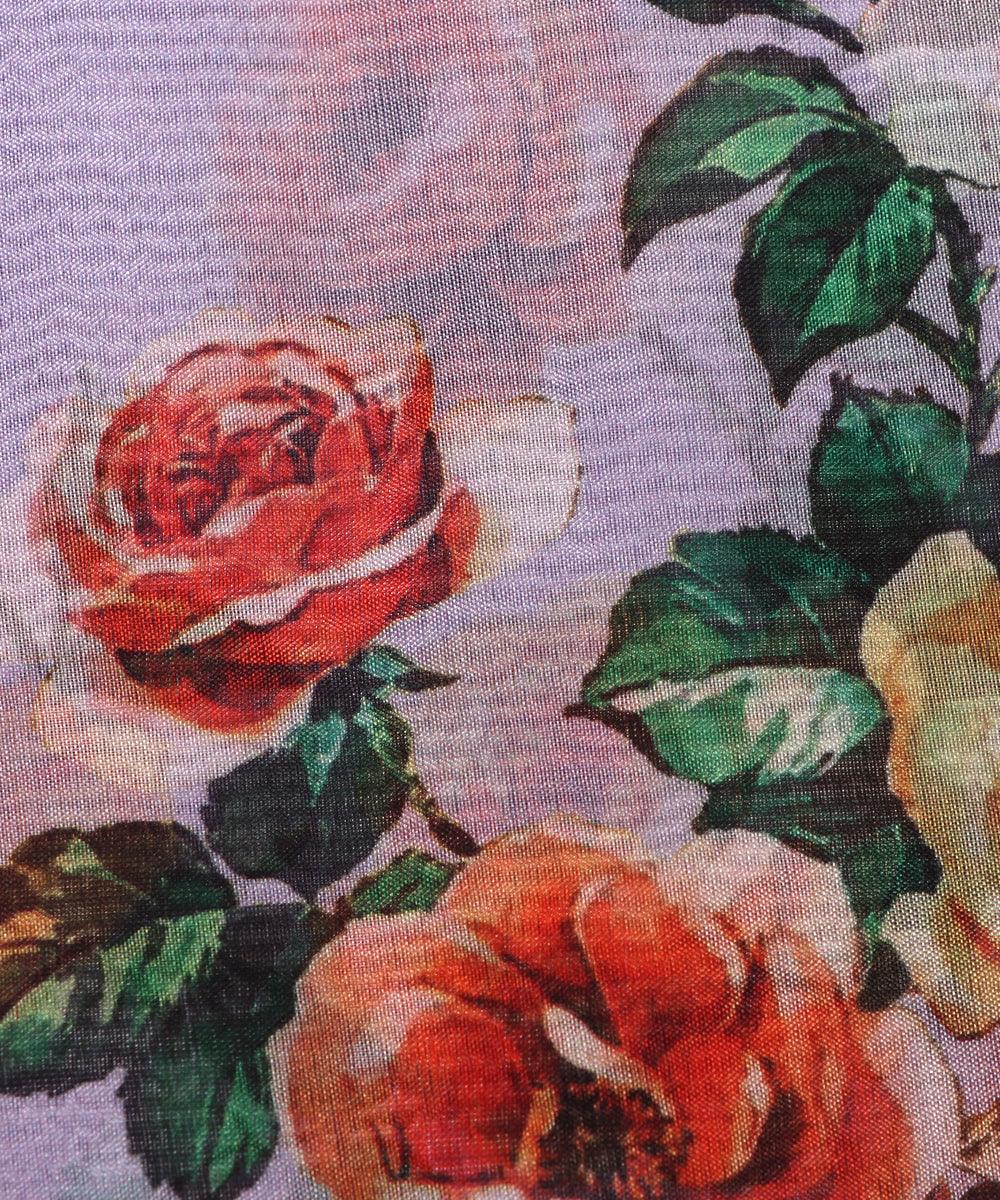 lavender and orange floral print organza silk fabric