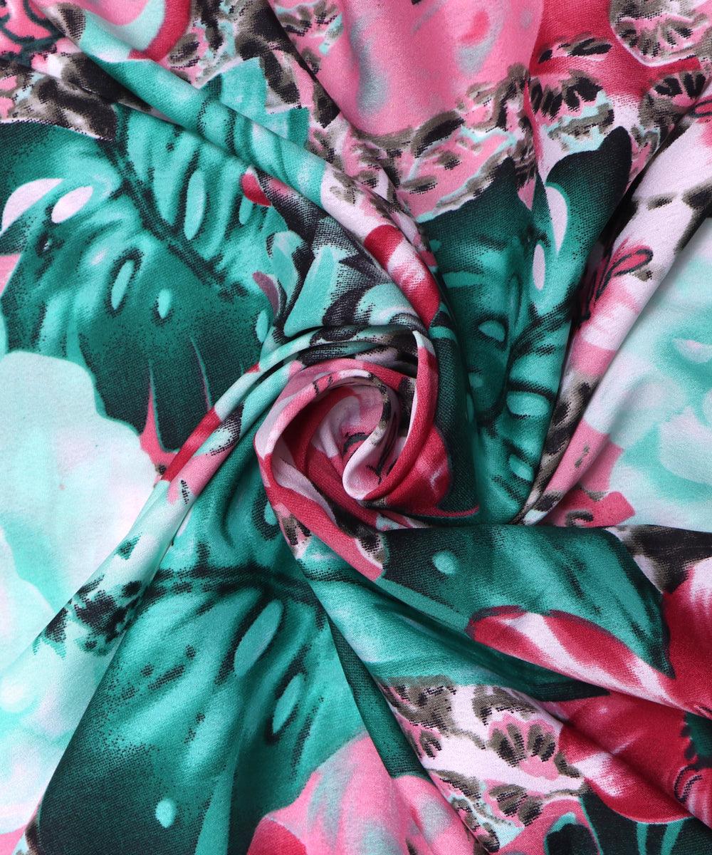 pink green leaf pattern crepe fabric