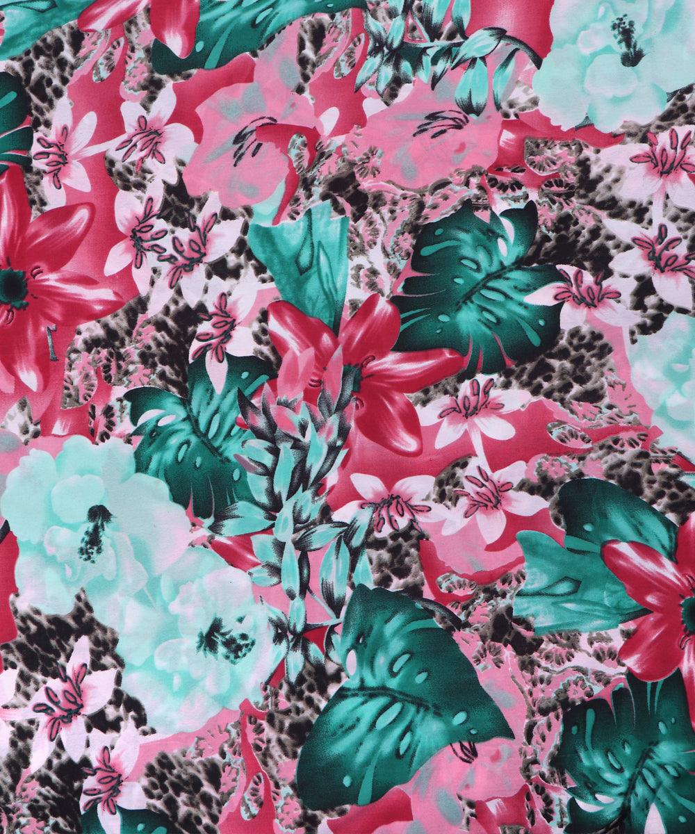 pink green leaf pattern crepe fabric