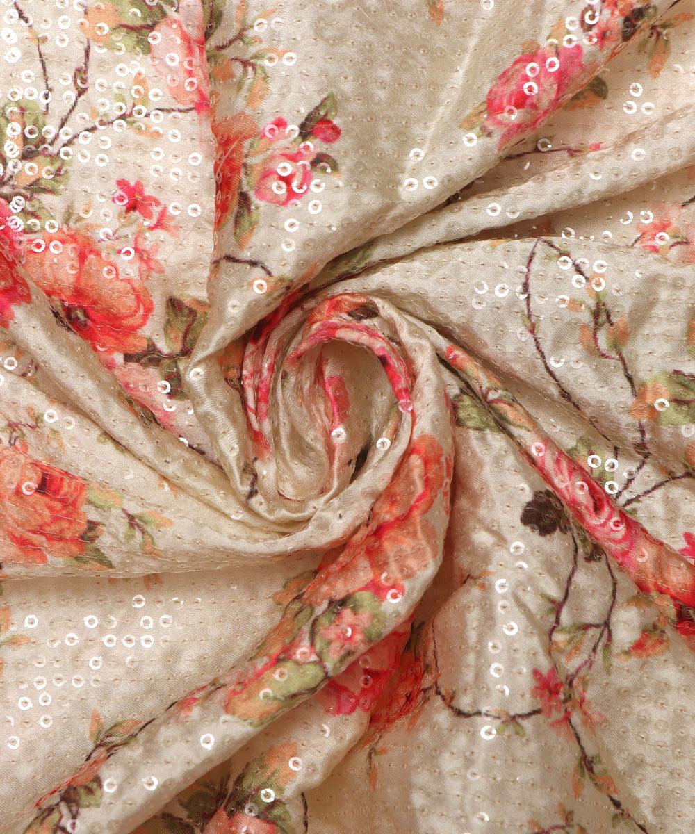 light green floral digital print sequin embroidery modal satin fabric