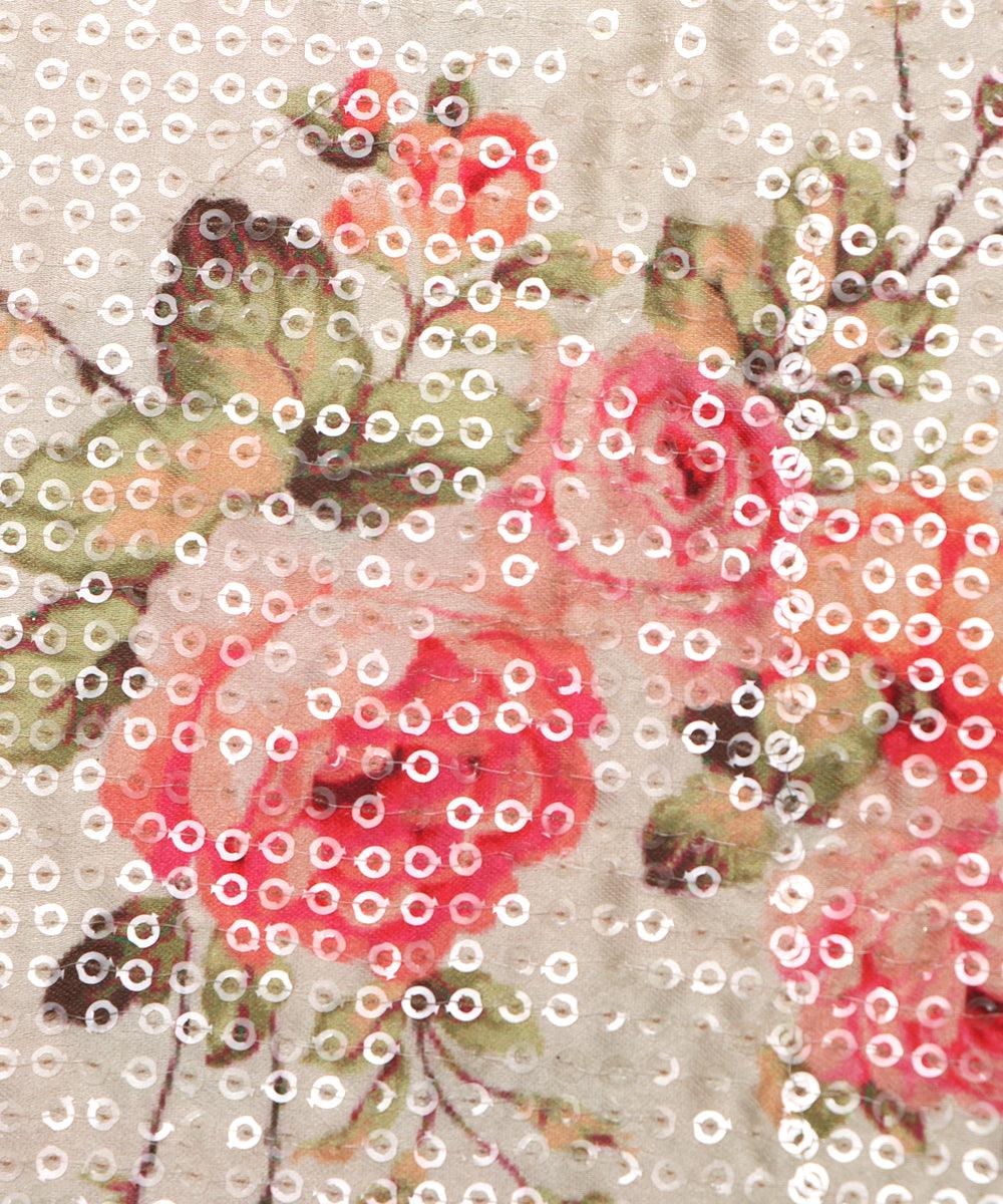 light green floral digital print sequin embroidery modal satin fabric