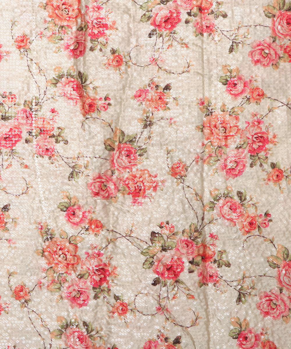 light green floral digital print sequin embroidery modal satin fabric