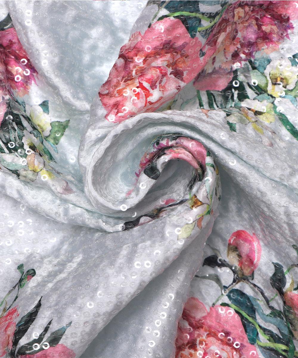 off white floral digital print sequin embroidery modal satin fabric