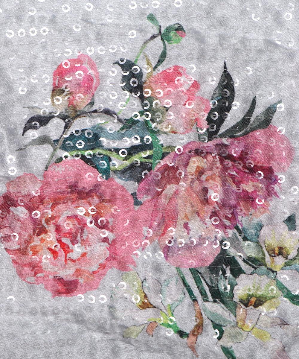 off white floral digital print sequin embroidery modal satin fabric