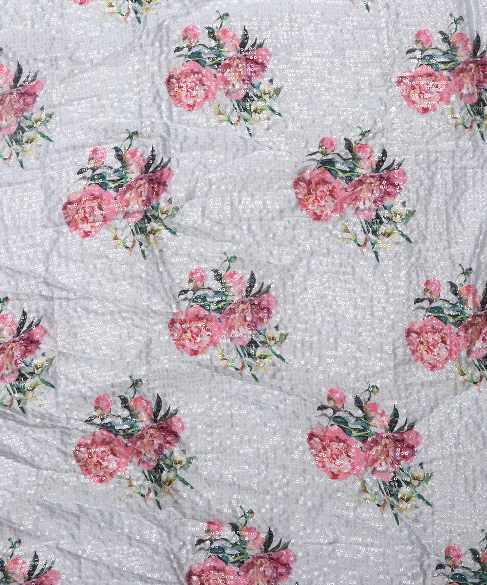 off white floral digital print sequin embroidery modal satin fabric